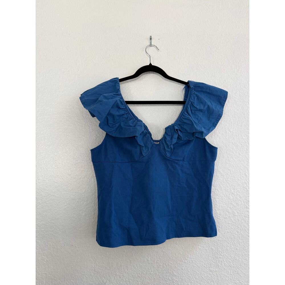 Anthropologie Dolan Blue Ruffle V Neck Top XL - Picture 2 of 4